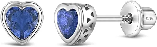 925 Sterling Silver 5mm Girls CZ Heart Earrings Simulated Birthstone Bezel with Screw Back Stud Baby Earrings - Safety Screw Back for Toddlers - Quality Heart Cubic Zirconia Earrings for Kids