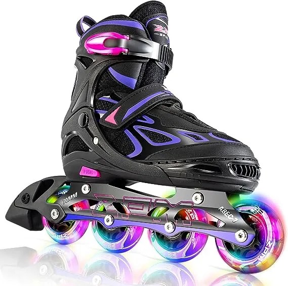 2PM SPORTS Vinal Girls Adjustable Flashing Inline Skates, All Wheels Light Up, Fun Illuminating Skates for Kids and Men