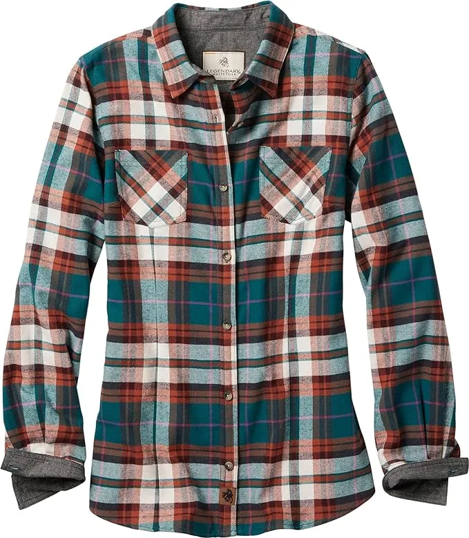 Legendary Whitetails Womens Cottage Escape Flannel Long Sleeve Plaid and Solid Color Clothes, Fitted Button Down