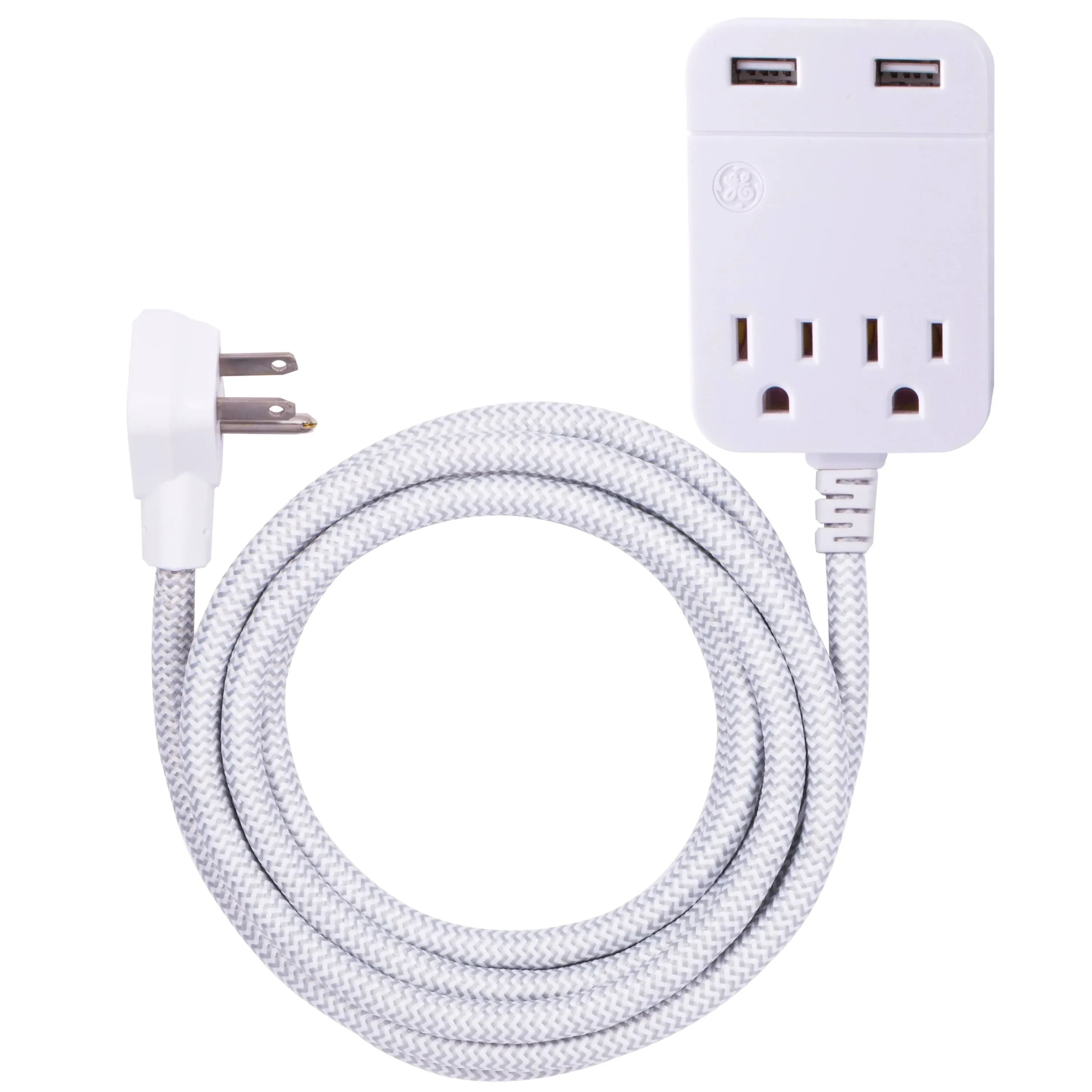 GE Outlet Extension Cord, 2 Outlet Surge Protector, 10Ft Braided Extension Cord, Surge Protector With USB Ports, 3-Prong Flat Plug Power Strip, 250J Surge Protector, Charging Station, White, 38432