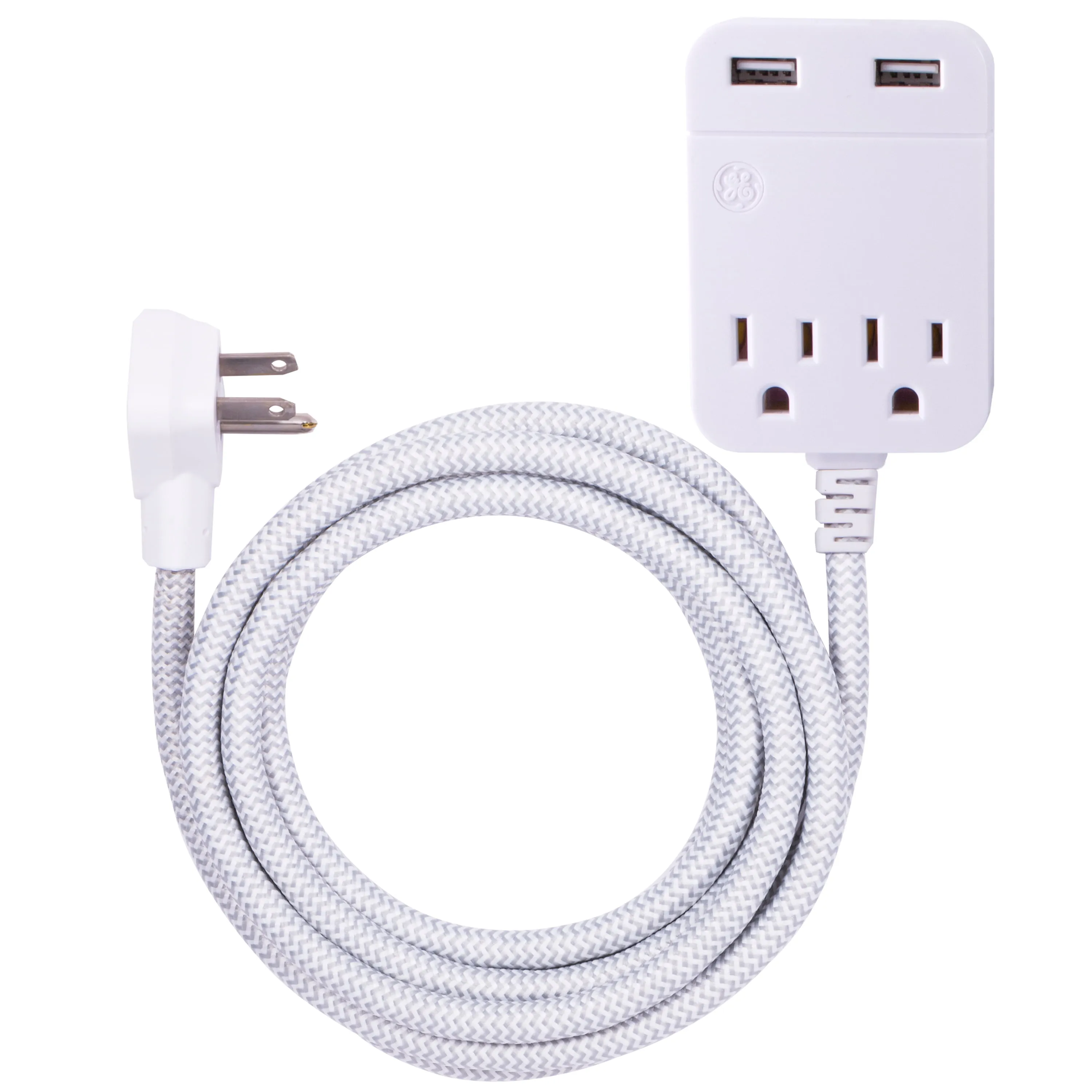 GE 2 Outlet 2 USB Surge Protector, 12W/2.4A Total USB, 10 ft Braided Extension Cord, Flat Plug, for iPhone 11/Pro/Max/XS/XR/X/8, iPad Pro, Samsung Galaxy, Google Pixel, 250 Joules, White/Gray, 38432