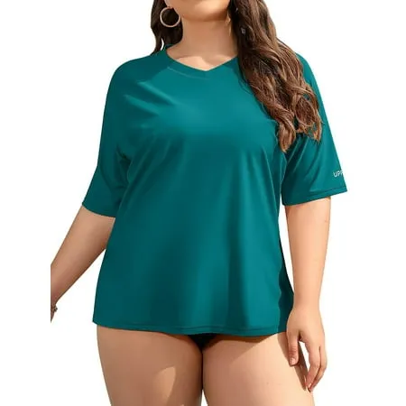 Sociala Plus Size Swimsuit for Women Solid UPF 50+ Rashguard Surfing Swim Shirt Top