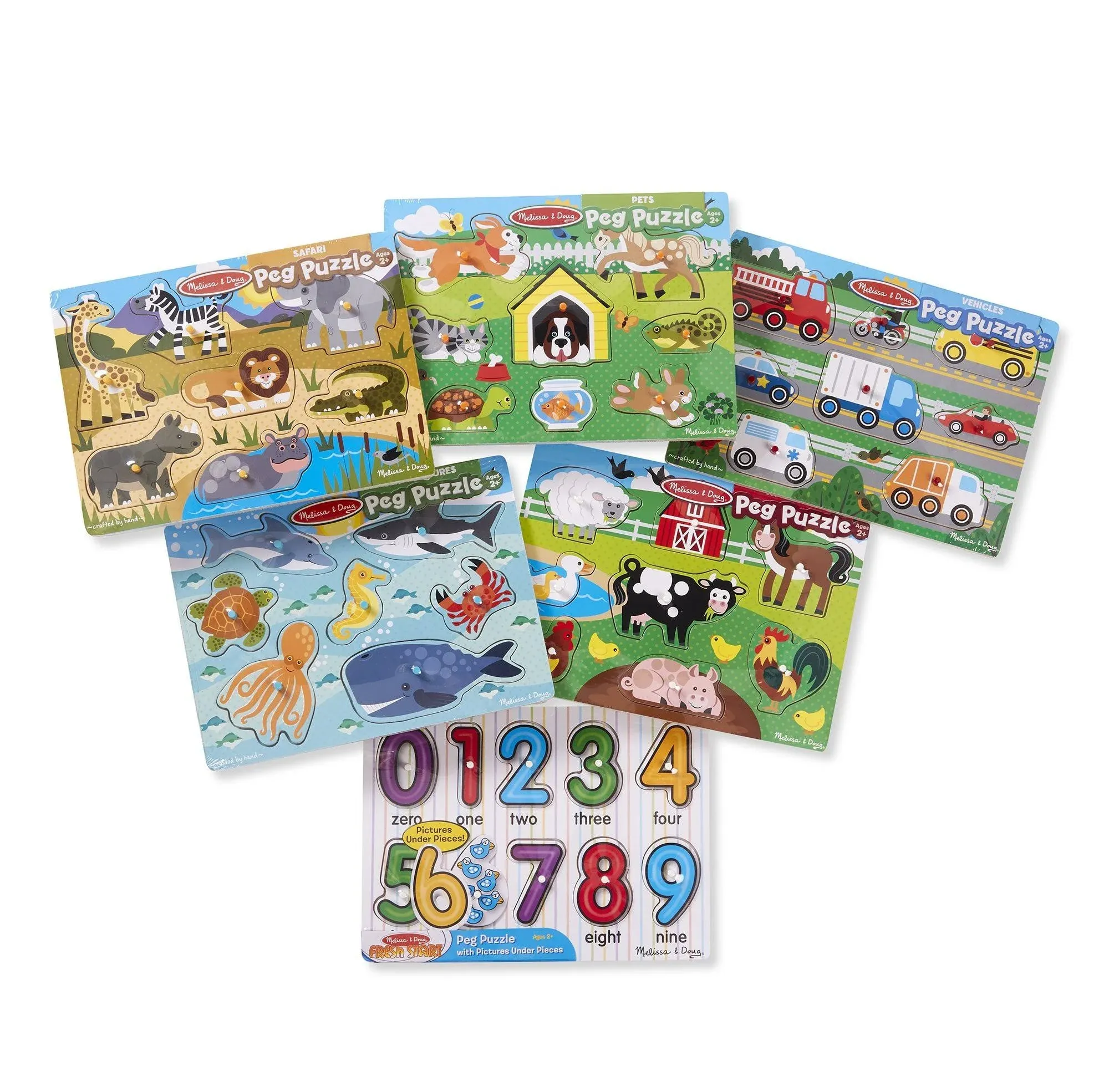 Melissa & Doug Wooden Peg Puzzle 6-Pack - Numbers, Letters, Animals, Vehicles