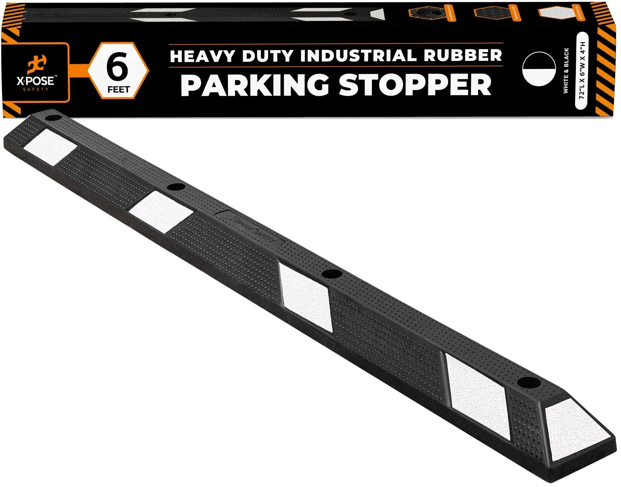 Parking Block Curb Stop, 72&#034; Heavy Duty White Reflective Strip - 1 Pack