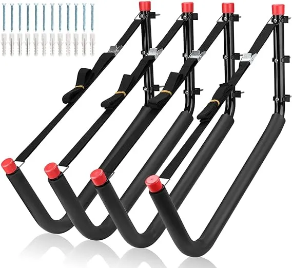 4 Pack Kayaks Storage Racks, 20.5 Inch Heavy Duty Canoe Hangers, Wall Mount Hooks for Stand Up Paddle Boards, Surfboards, SUP, Ski, Snow Board, Black + Red