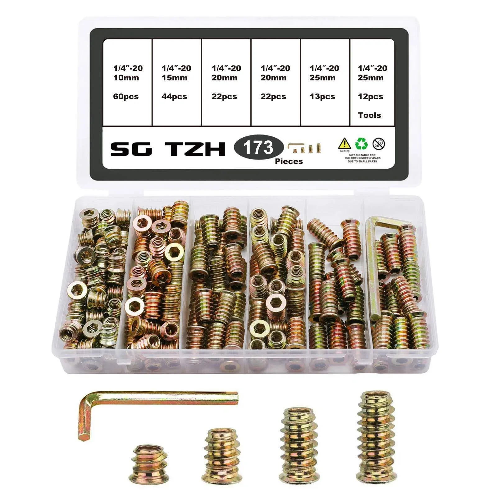 173Pcs Threaded Inserts for Wood Nutsert Screw 1/4-20 x 10mm/15mm/20mm/25mm Hex Drive Furniture Wood Nuts Assortment Set (with Hex Spanner-Bronze)