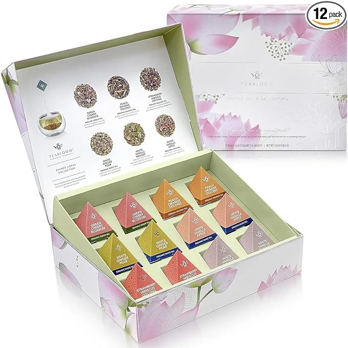 Teabloom Organic Sacred Lotus Pyramid Tea Presentation Box, 12 Assorted USDA CER