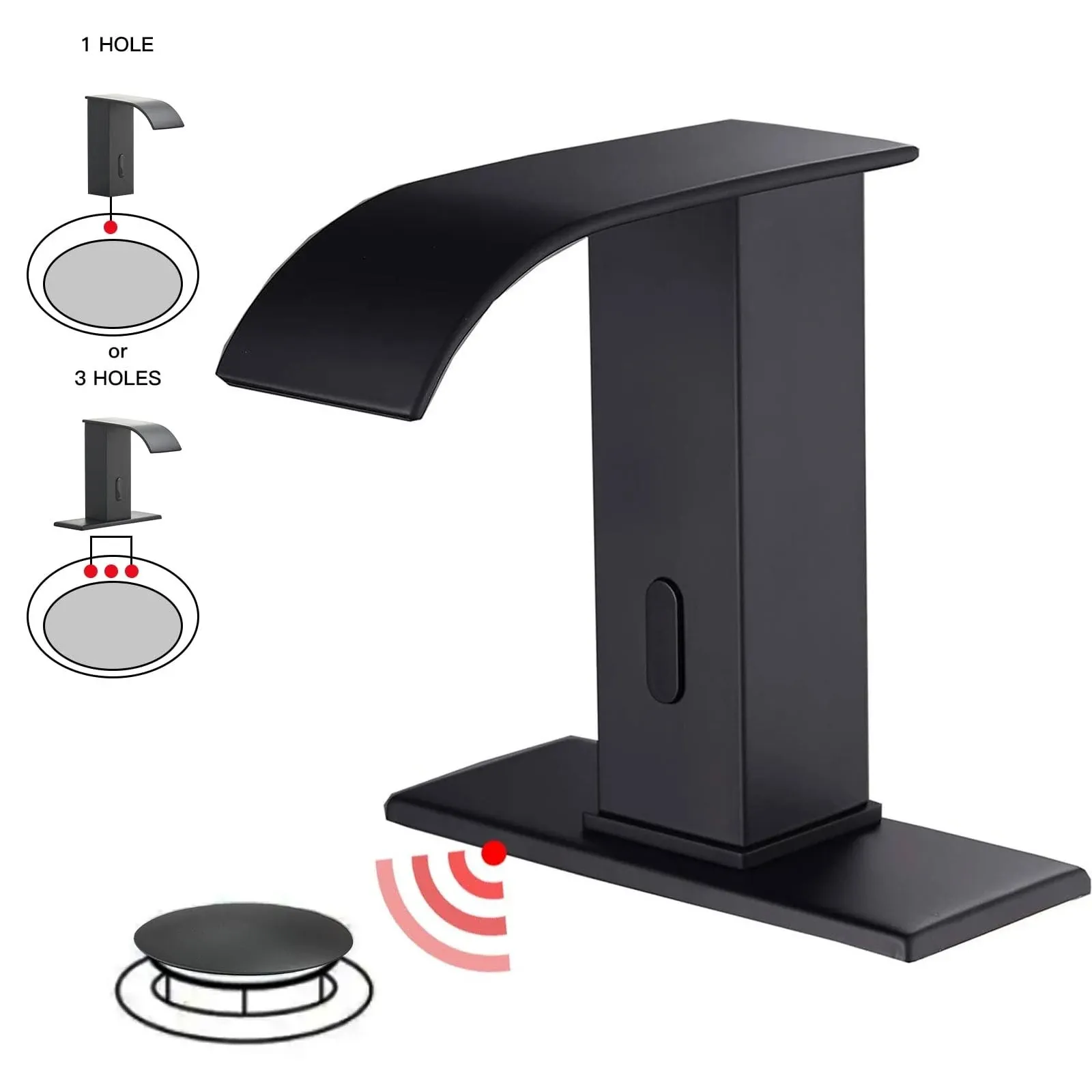 Automatic Sensor Matte Black Touchless Bathroom Sink Faucet with Hole Cover Plat