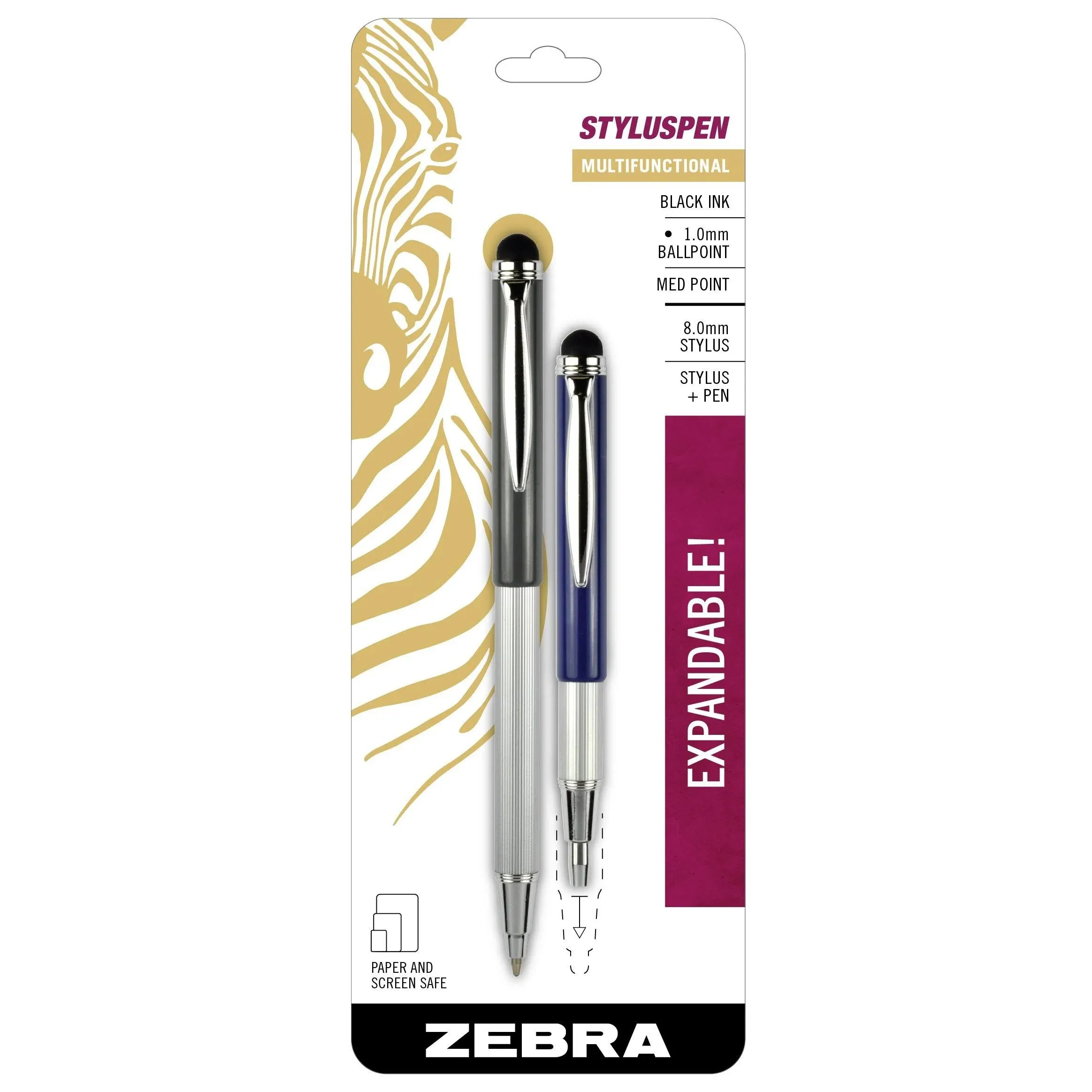 Zebra StylusPen Telescopic Ballpoint Pen, Medium Point, 1.0mm, Black Ink, Grey ...