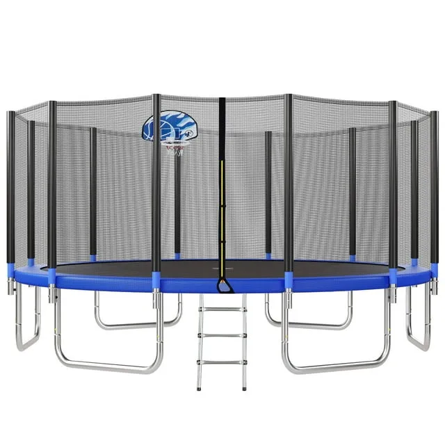 16ft Trampoline for Kids with Basketball Hoop and Enclosure Net/Ladder, Blue