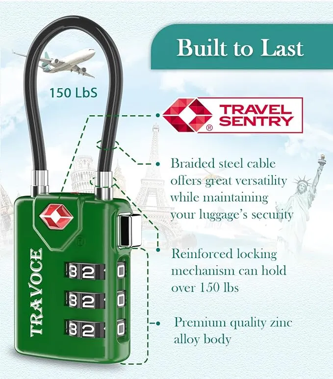 Search Alert TSA Approved Travel Combination Luggage Cable Locks for Suitcase, Gym Locker,Toolbox,Backpack 1,2,4,6 &10 pk