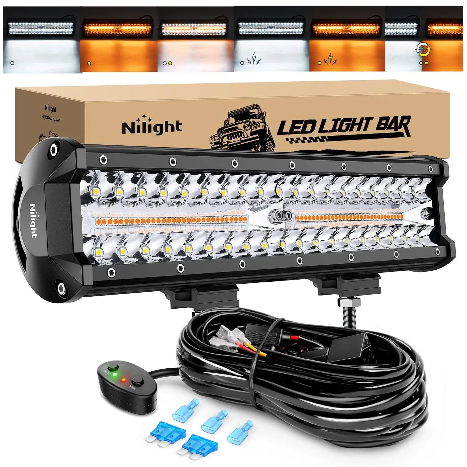 Nilight 12 Inch 300W Amber White Triple Row Spot/Flood Led Light Bar Kit