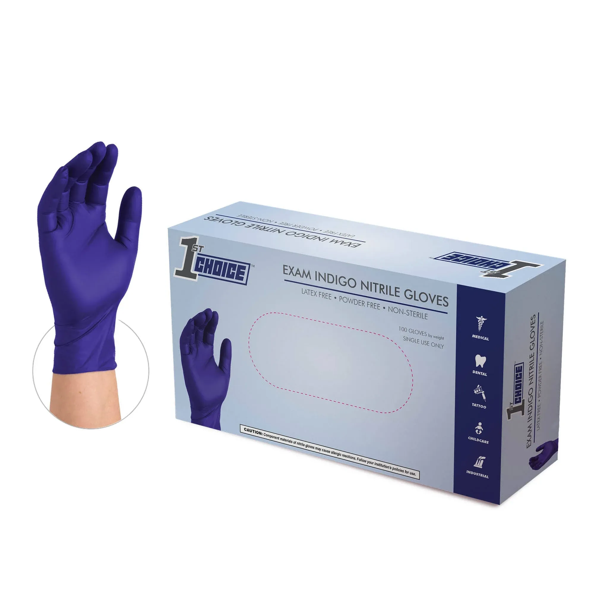 1st Choice Exam Indigo Nitrile Gloves, Box of 100, 3 mil, Size Medium, Latex Free ...