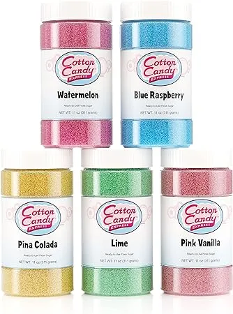 Cotton Candy Express 5 Flavor Cotton Candy Sugar Pack with Lime, Watermelon, Pina Colada, Blue Raspberry, Pink Vanilla, 11-Ounce Jars