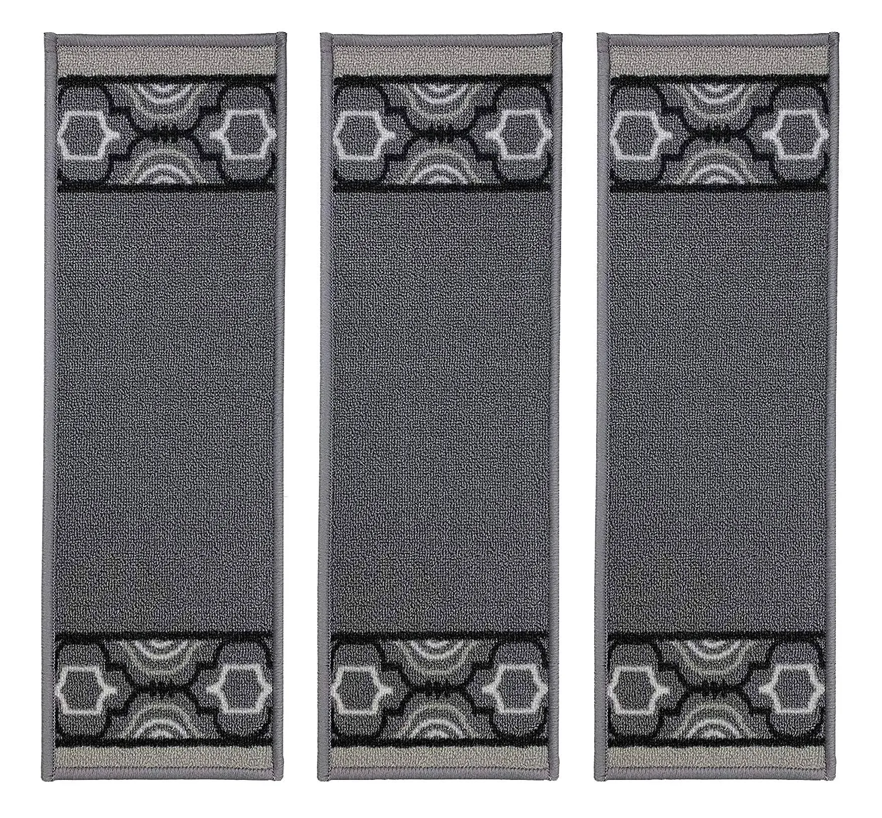 Stair Treads Skid Slip Resistant Backing Indoor Carpet Stair Treads Trellis Border Design 8 ½ inch x 26 ¼ inch (Set of 3 Grey Black)