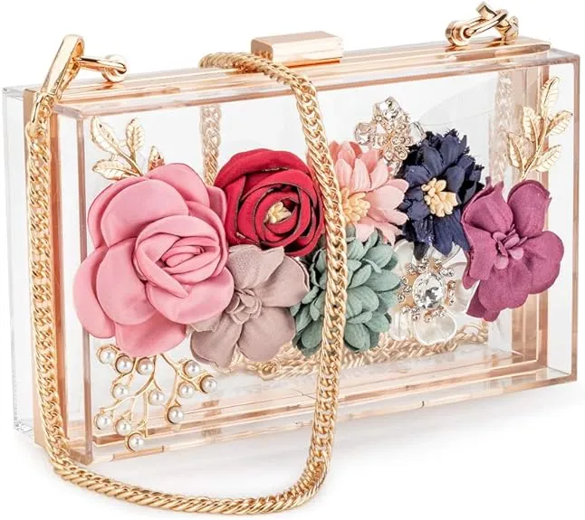 Candy and liu Women Acrylic Flower Clutches CrossbodyPurse Evening Bags Chain...