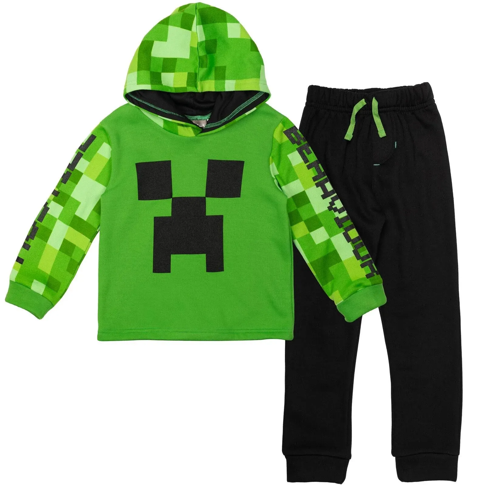 Minecraft Creeper Little Boys Fleece Raglan Hoodie & Pants Green/Black 5