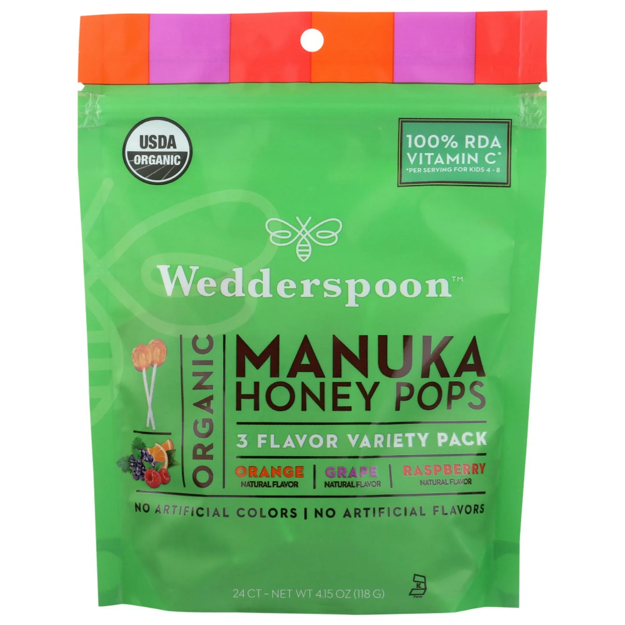 Wedderspoon Organic Manuka Honey Pops for Kids, Variety Pack, 24 Count, Unpas...