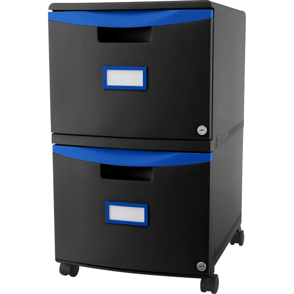 Storex 2 Drawer Mobile File Cabinet with Lock, Black & Blue