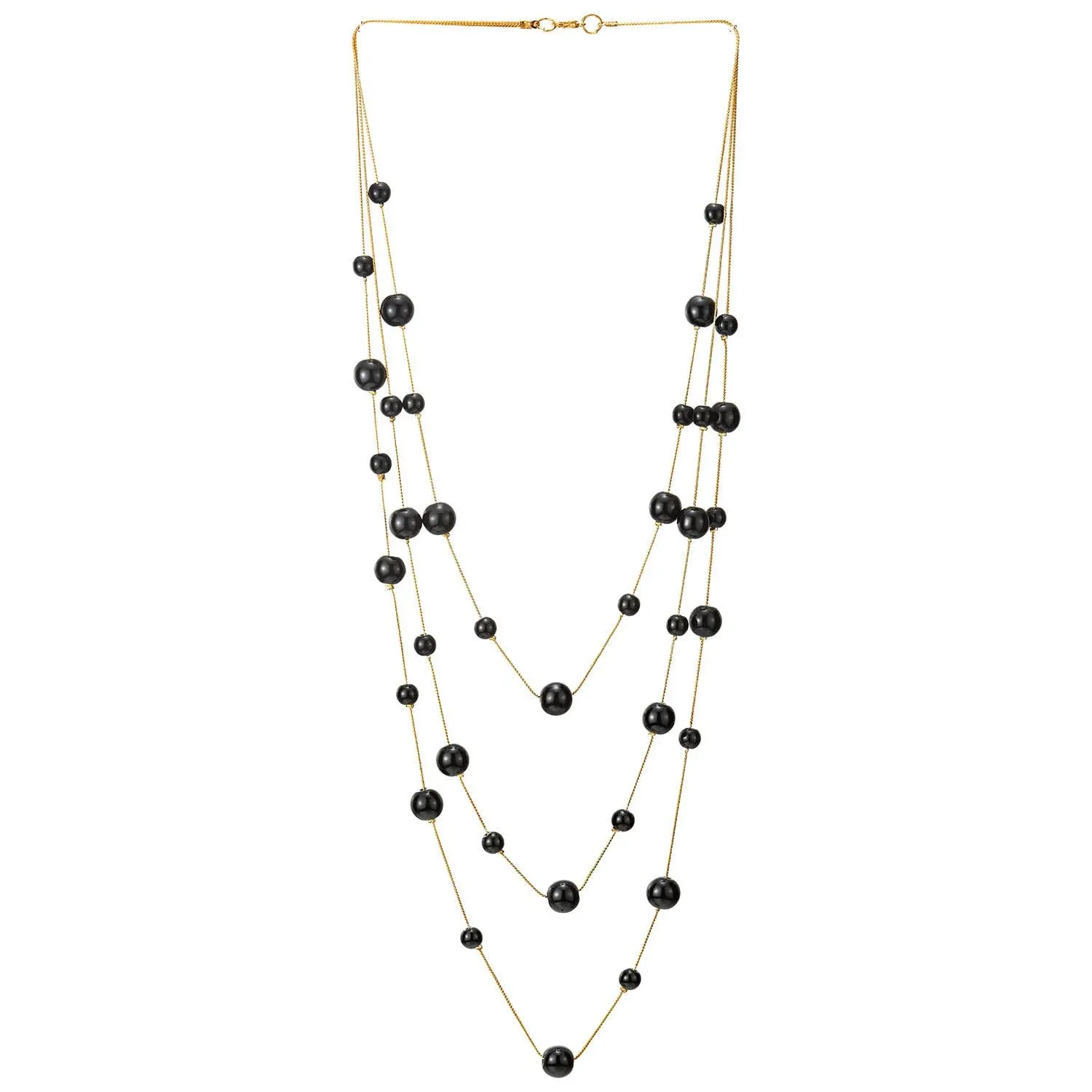 Gold White Statement Necklace Two-Strand Long Chains with Synthetic Pearl Beads, Elegant, Dress