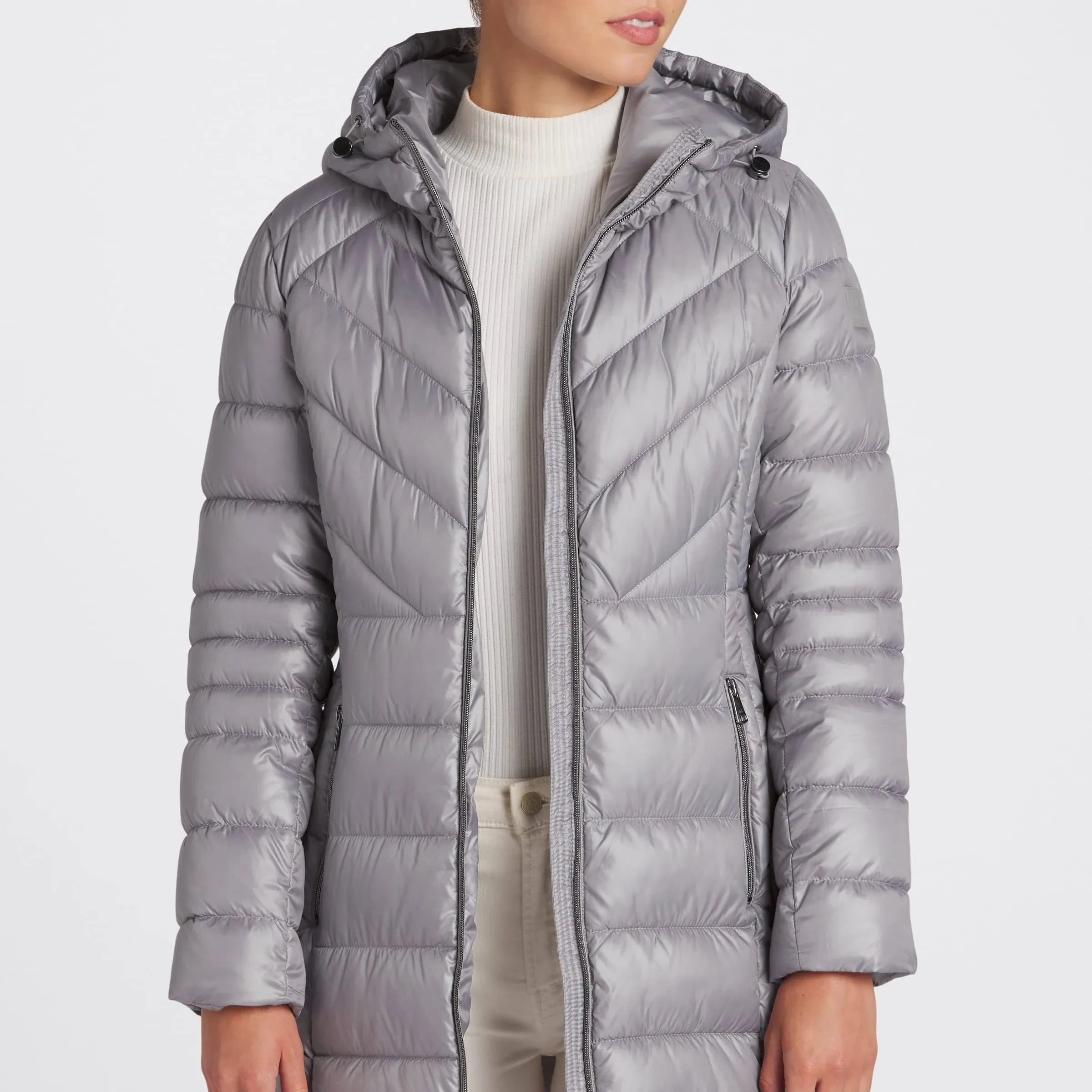 Kenneth Cole Madeline Long Puffer Coat in Silver | Women's Regular Size Medium ...