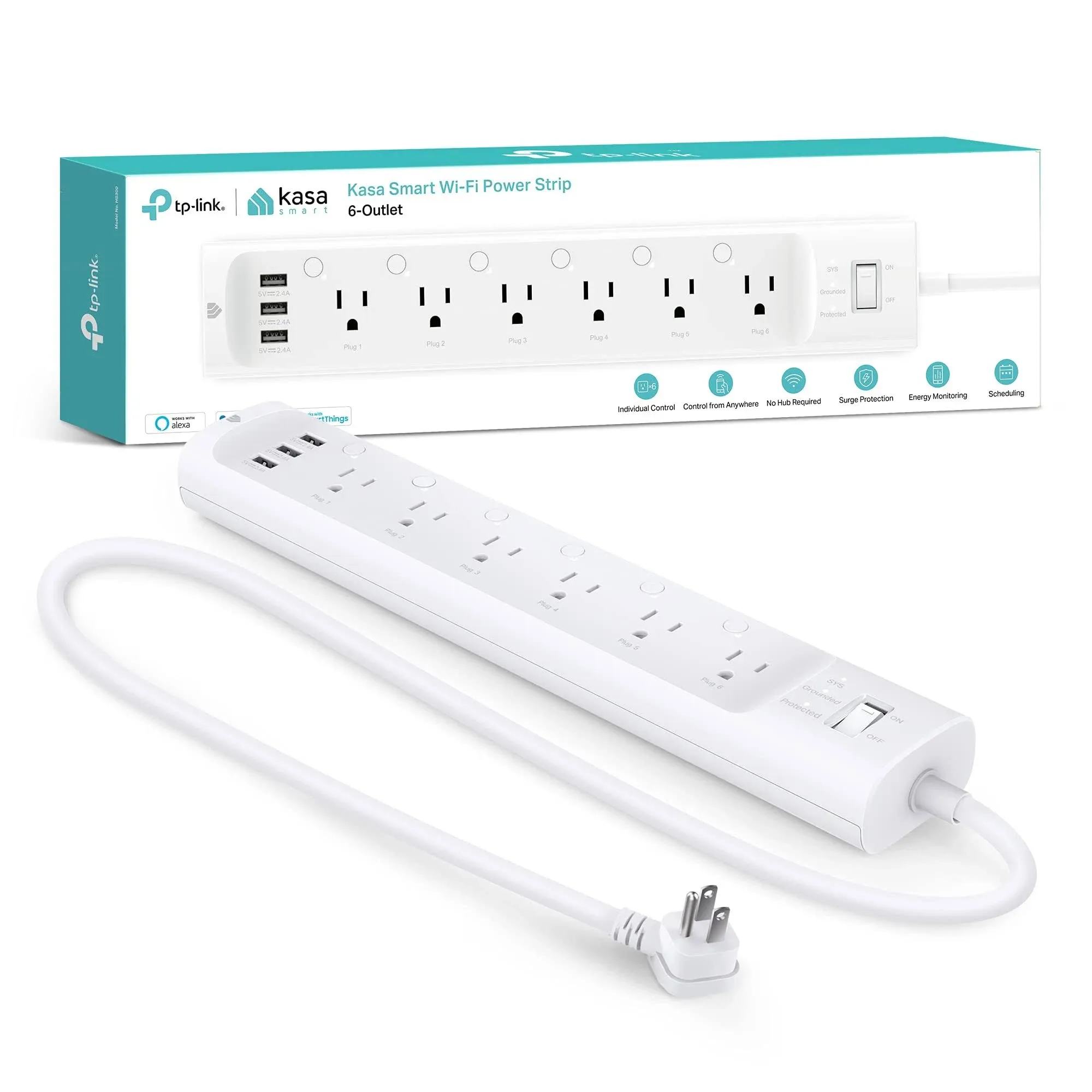 Kasa Smart Plug Power Strip HS300, Surge Protector with 6 Individually Controlled Smart Outlets and 3 USB Ports, Works with Alexa & Google Home, No Hub Required