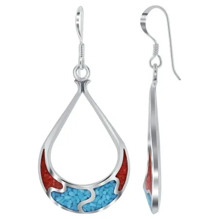 Gem Avenue 925 Sterling Silver Turquoise and Coral Gemstone Inlay Drop Earrings Teardrop Style French Wire Findings