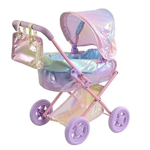 Olivia’s Little World - Baby Doll Bassinet Stroller, Baby Doll Pram Stroller Buggy for 3 Year Old Girls Toddlers, 2 in 1 Deluxe Doll Stroller for up to 16" Dolls, Toy Baby Stroller - Iridescent Color