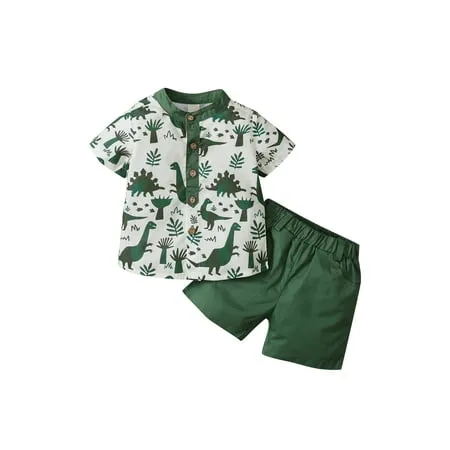 FOCUSNORM Toddler Baby Boy Dinosaur Shorts Set Button Down Short Sleeve Tee Shirt Top Solid Shorts Summer Outfits Sunsuit