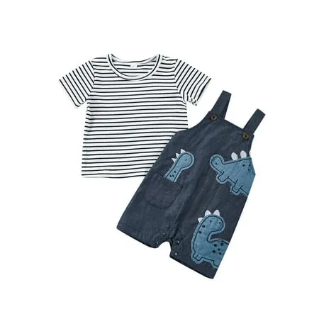 Canrulo Toddler Baby Boy Casual Outfits Long Sleeve Stripe T-Shirt Tops and Cartoon Dinosaur Pattern Overalls Sets Blue 9-12 Months