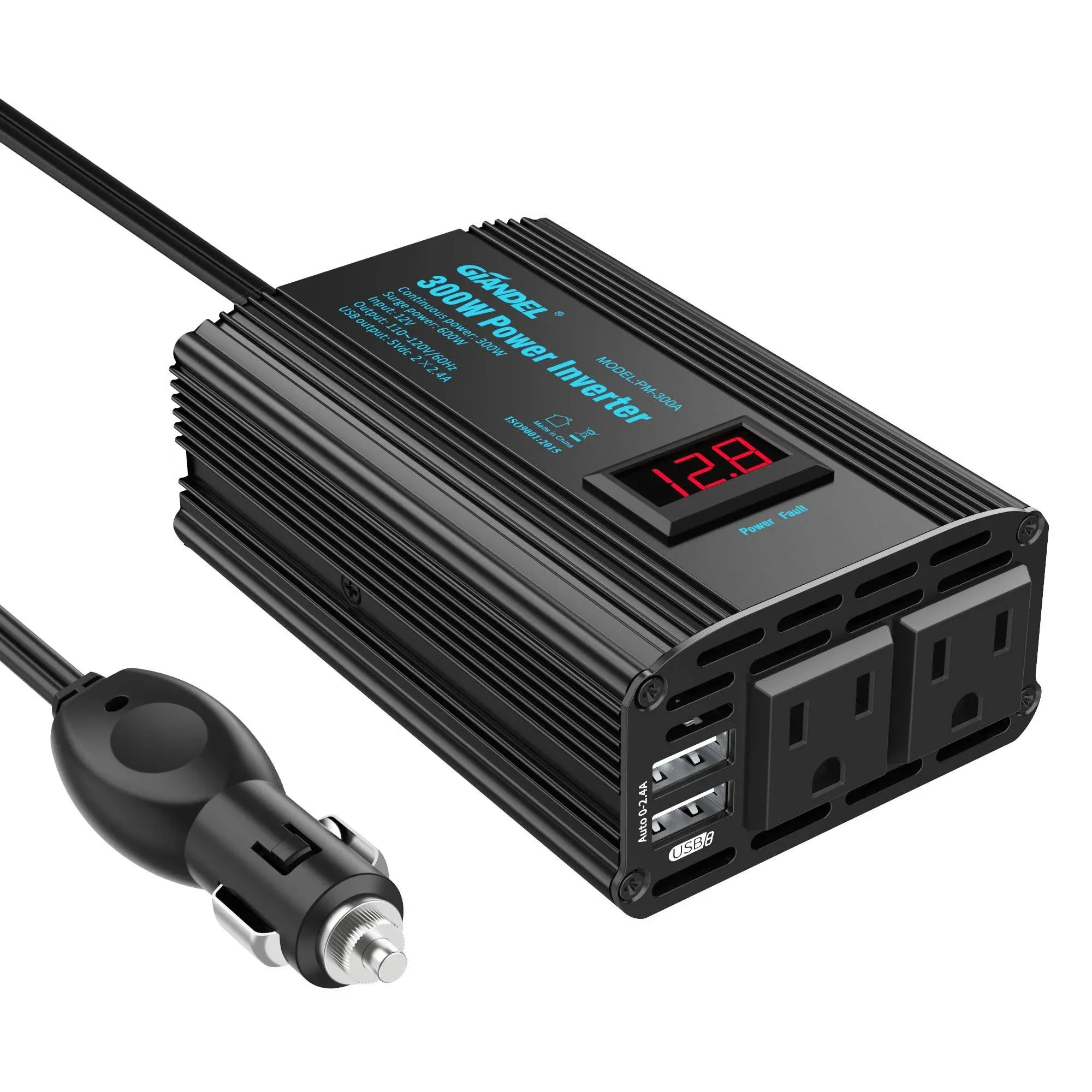 300W Power Inverter DC 12V to AC 120V Car Power Converter Adapter with 2x2.4A US