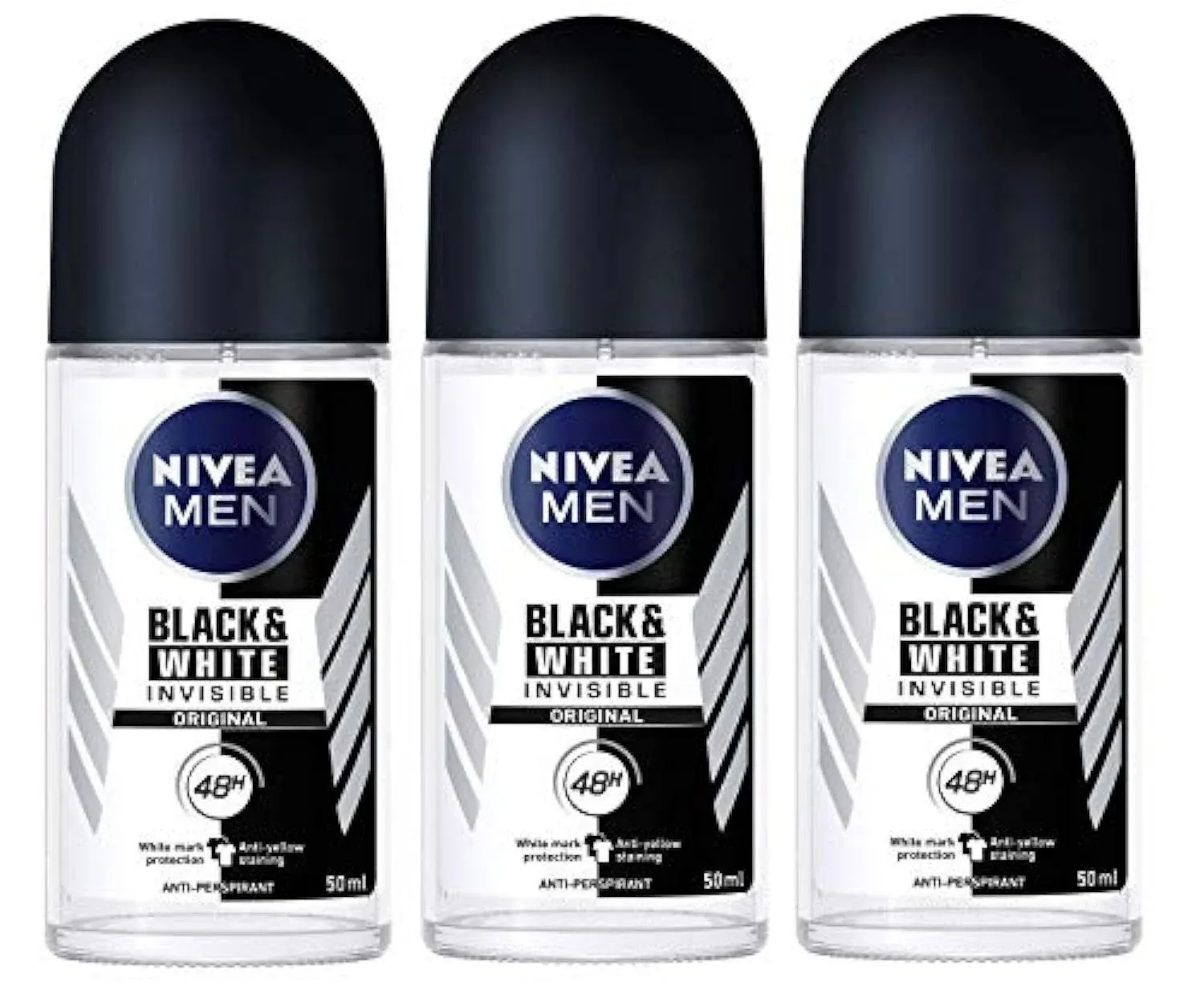 Nivea for Men Deodorant Roll on 1.69 oz Invisible B&W Power Pack of