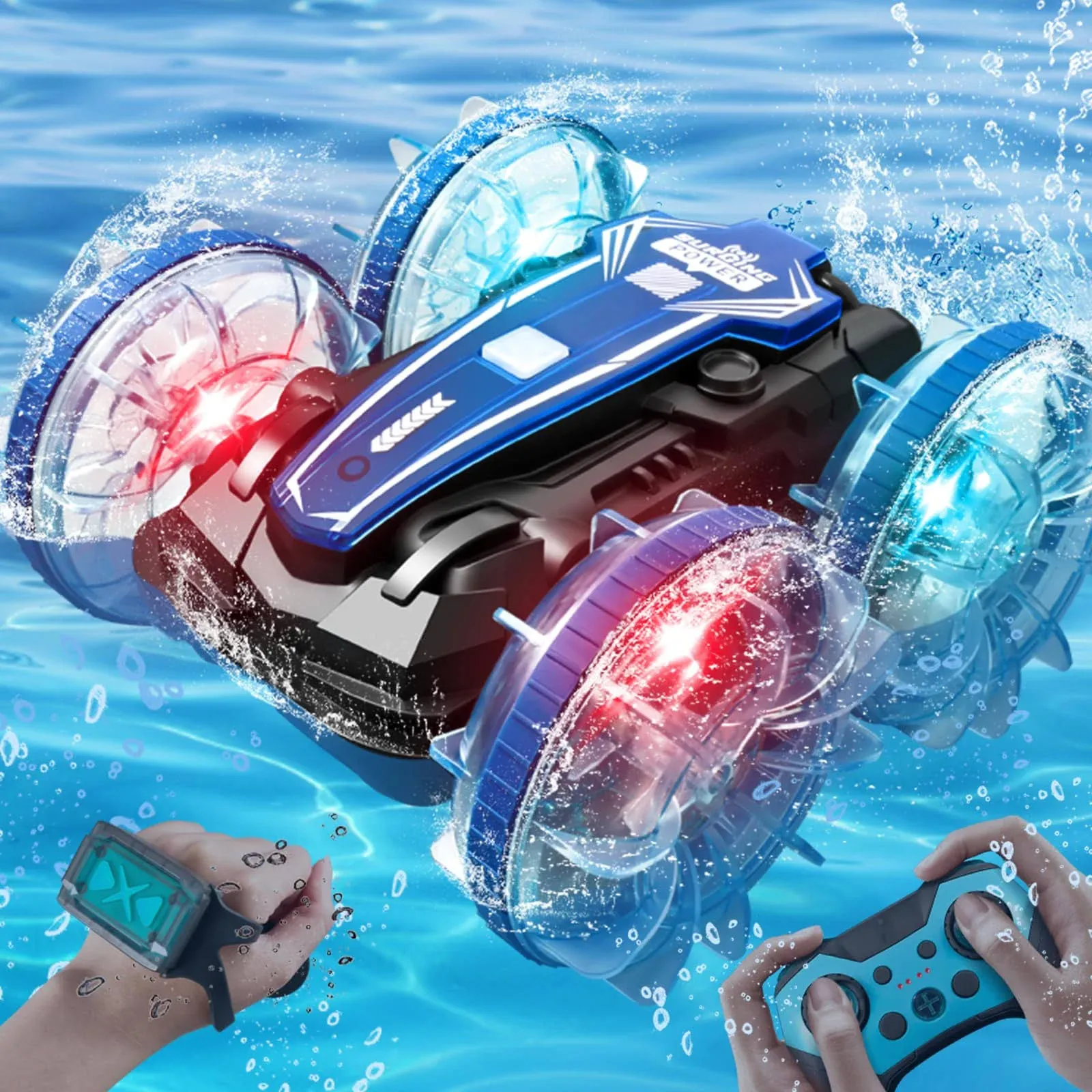 Amphibious Remote Control Car Toys[2023 Newest], 2.4 GHz Gesture RC, 4WD Car Remote Control Car with Waterproof Remote Control, All Terrain Remote Control Vehicle with LED Lights Water Beach Pool Toy