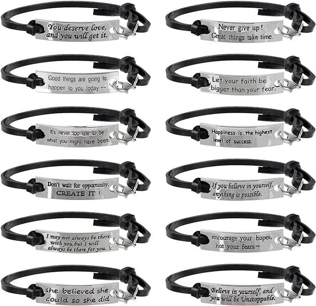 AleapDoll 12 Pcs Bulk Inspirational Gifts Leather Bracelets for Women Girls Motivational Quotes Message Words Encouragement Cuff Bangle Bracelet Friendship Gifts