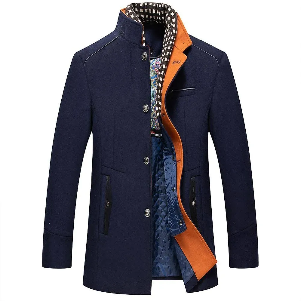 Mens Wool Blend Coat Winter Trench Coats Single Breasted Peacoat With Scarf