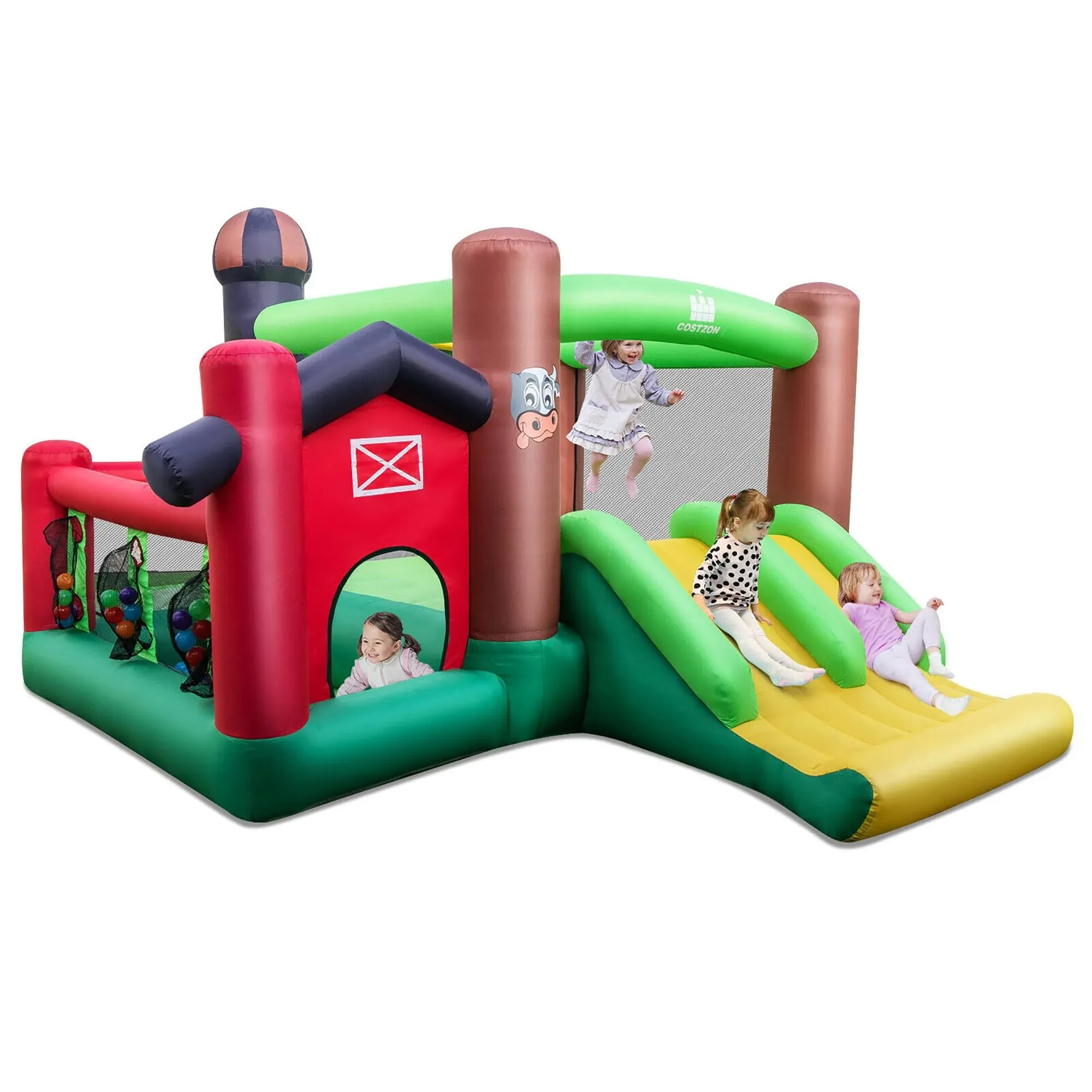 Costway Farm Themed Inflatable Castle Kids Bounce House w/ Double Slides