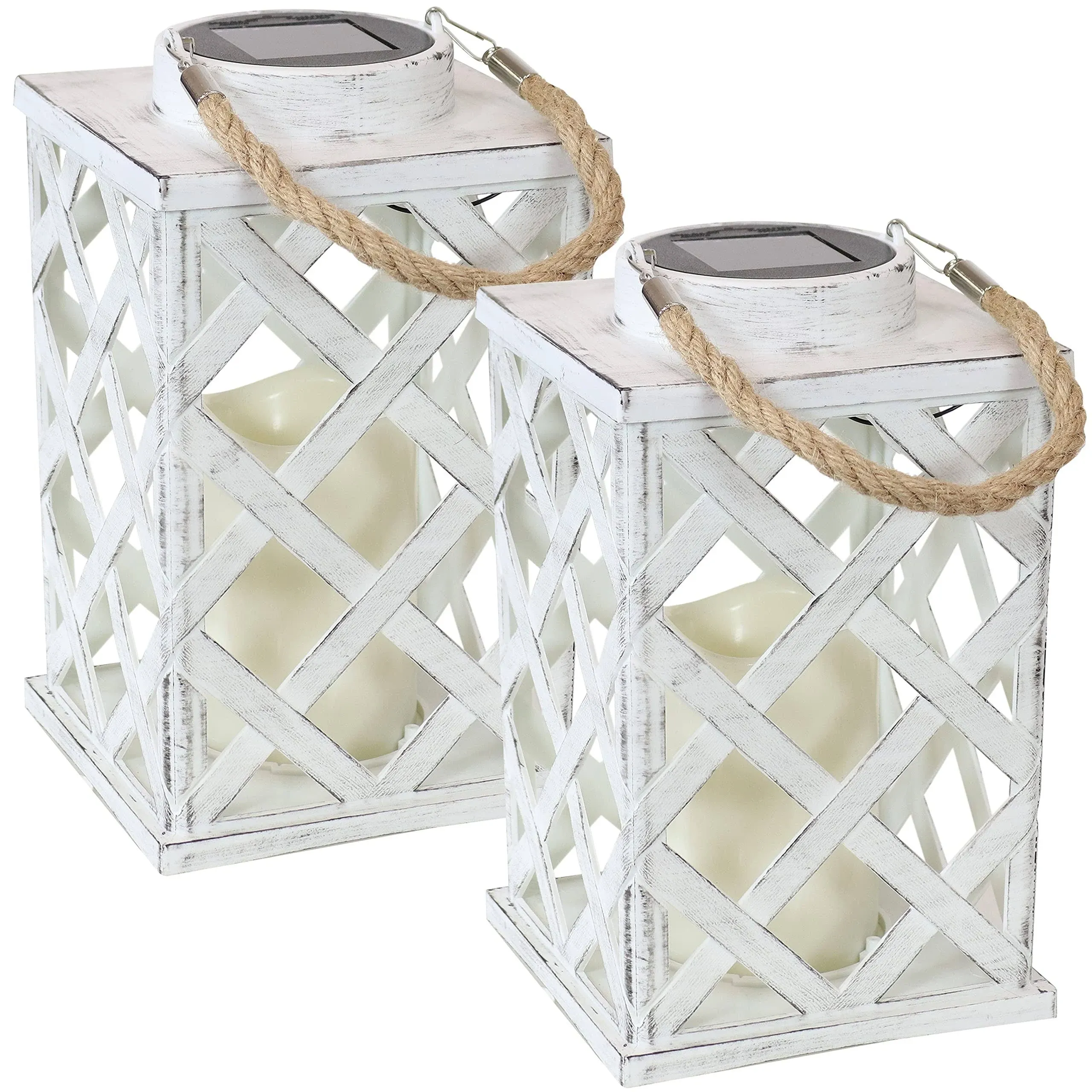 Sunnydaze Modern Crosshatch 9-Inch Solar LED Decorative Candle Lantern - Tabletop/Hanging Light - Set of 2 - White