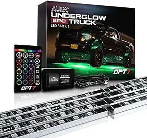 OPT7 Aura Aluminum Underglow LED Lighting Kit for Truck w/Wireless Remote, Exterior Neon Accent Underbody Strip, Multi-Color n Mode, Waterproof, Soundsync, Aluminum Casing, Door Assist, Smart LED, 8pc