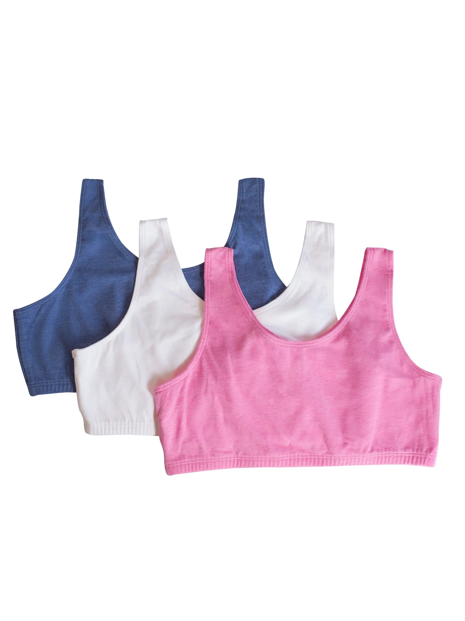 Fruit of the Loom Girls Pull Over Built Up Strap Cotton Sport Bra, 3-Pack, Sizes 28-38