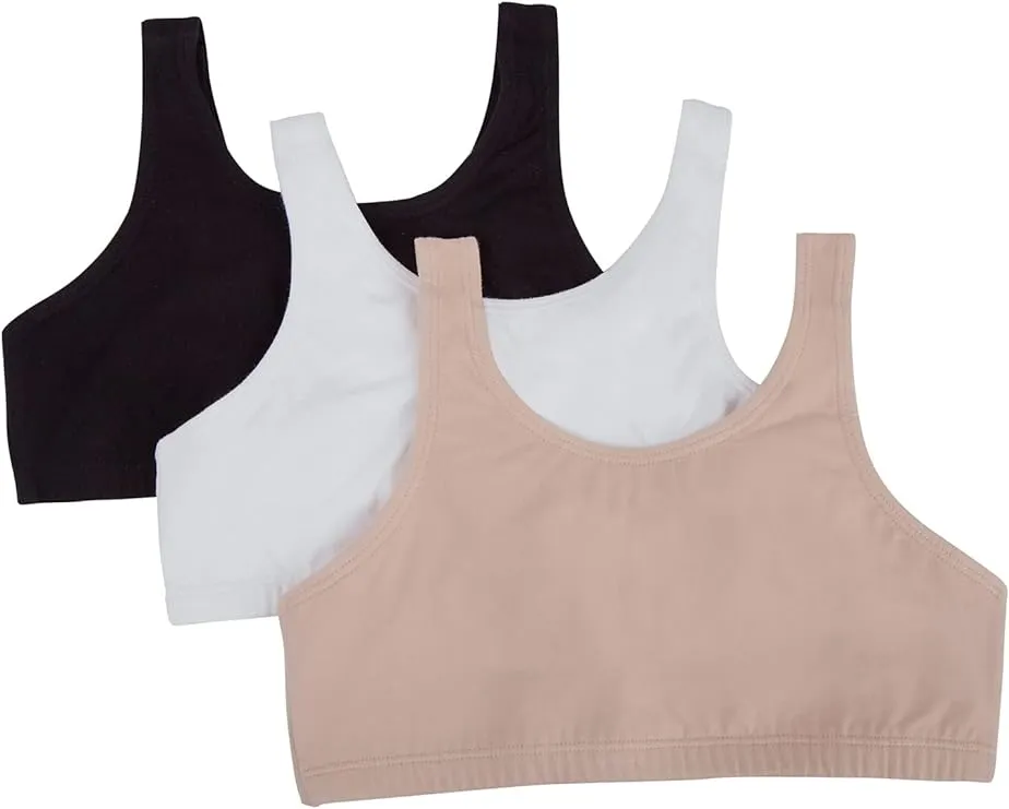 Fruit of the Loom Girls Pull Over Built Up Strap Cotton Sport Bra, 3-Pack, Sizes 28-38