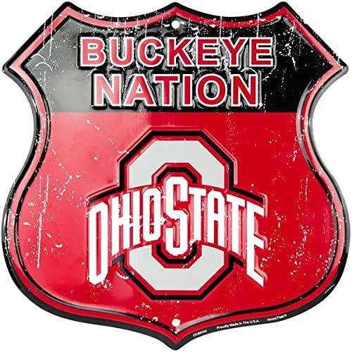 OHIO STATE UNIVERSITY 12&#034; x 12&#034; SHIELD BUCKEYE NATION METAL SIGN  VINTAGE LOOK