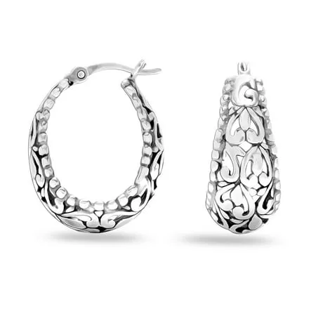 LeCalla 925 Sterling Silver Hoop Earrings | SMALL Italian Inspired Filigree Hoop Earrings | Lightweight Click Top Antique Oxidized Jewelry | Small Chunky Filigree Earring Hoops for Women