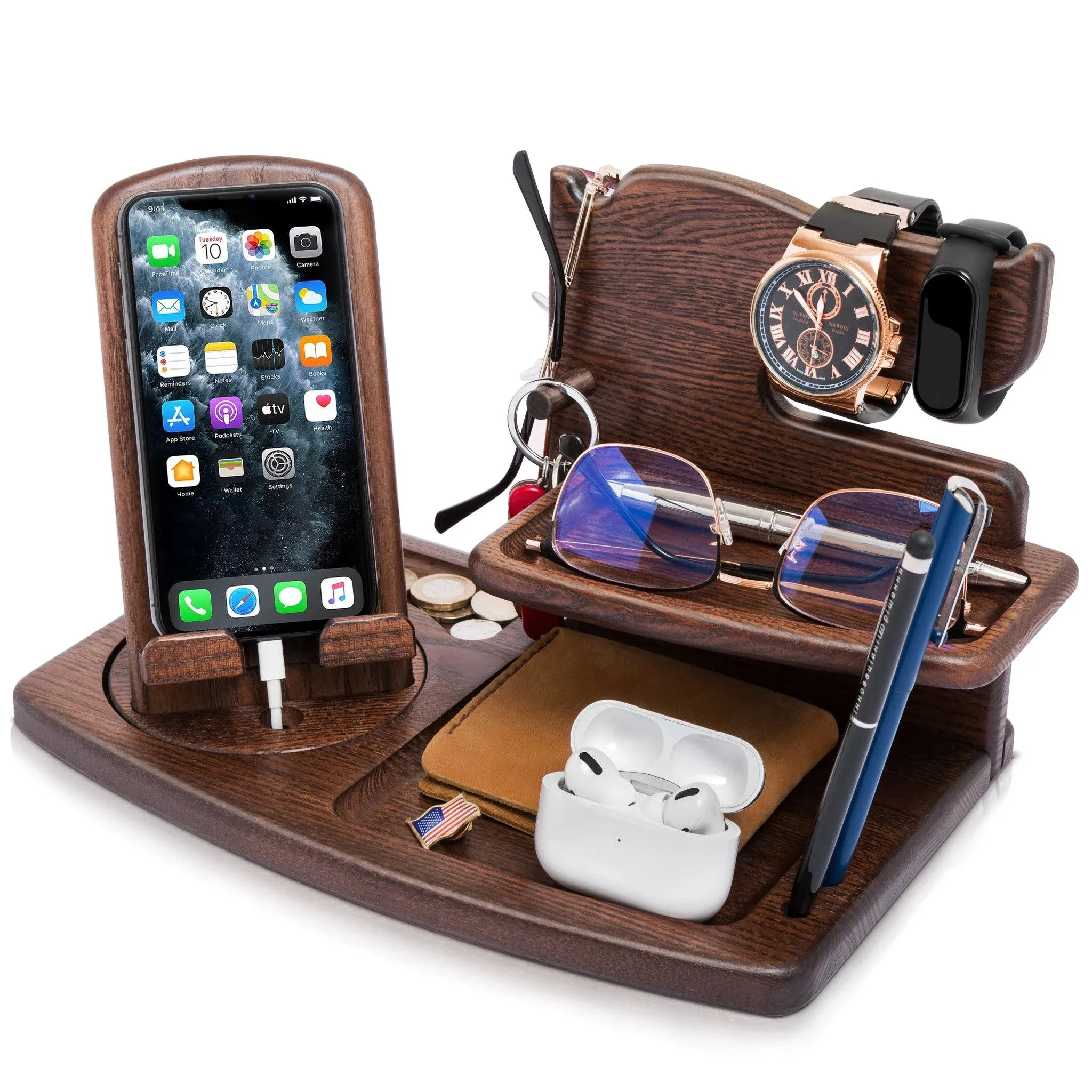 Teslyar Wood Rotating Swivel Phone Docking Station Ash Key Holder Black