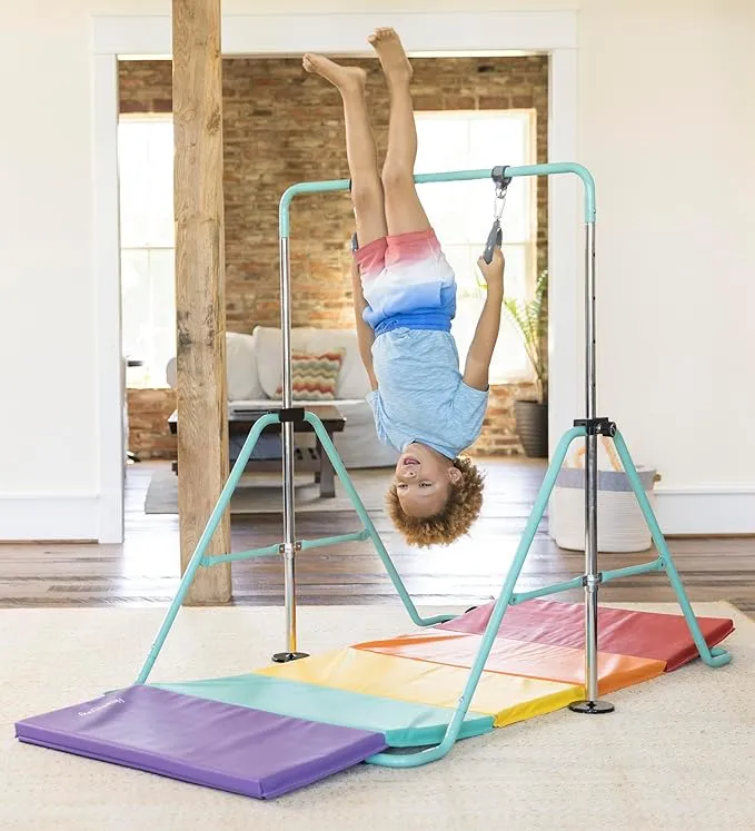 HearthSong Kids 2-in-1 Adjustable Gymnastics Training Bar and Ring Set with Five Height Settings and Removable Gymnastics Rings