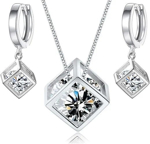 Crystalline Azuria White Zirconia Crystals Cube Set Pendant Necklace 18 Inches ...