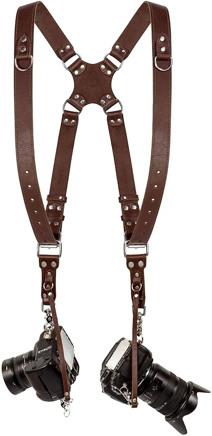 Coiro Leather Dual Camera Strap Harness Quick Release Brown Adjustable 508