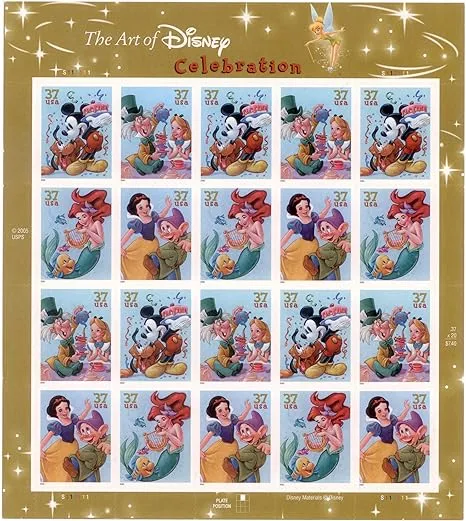 ART OF DISNEY CELEBRATION SHEET OF 20 STAMPS. 37 CENT STAMPS