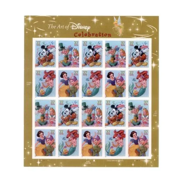 Art of Disney: Celebration, Sheet of 20 x 37cent Postage USPS Stamps 3912-15