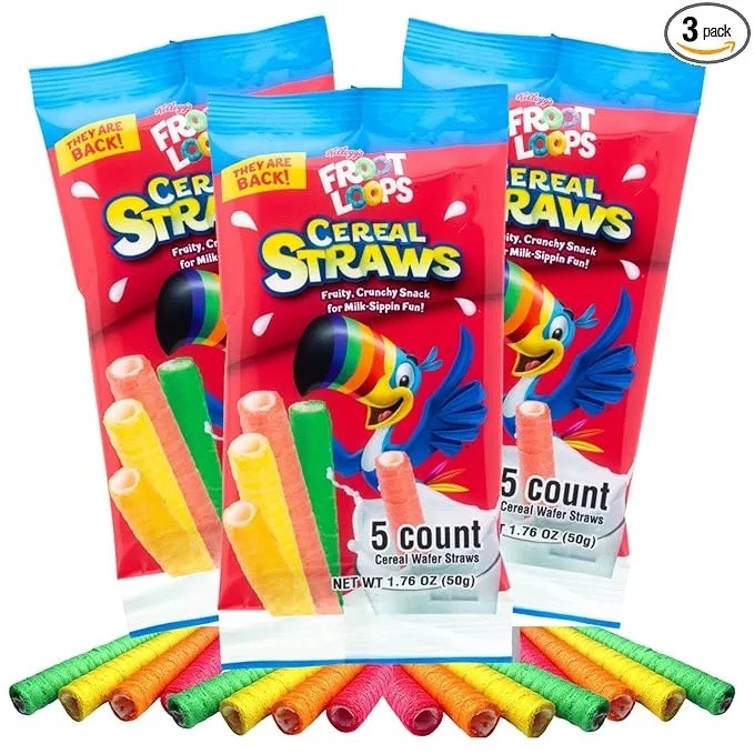 Froot Loops Cereal Straws, Edible Straw Alternatives for Milk, Nostalgic Breakfast Treat, Pack of 3, 5 Count Each