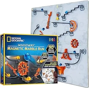 NATIONAL GEOGRAPHIC Magnetic Marble Run - 90-Piece STEM Building Set for Kids & Adults with Magnetic Track & Trick Pieces, Marbles & Magnet Board for Building A Marble Maze Anywhere